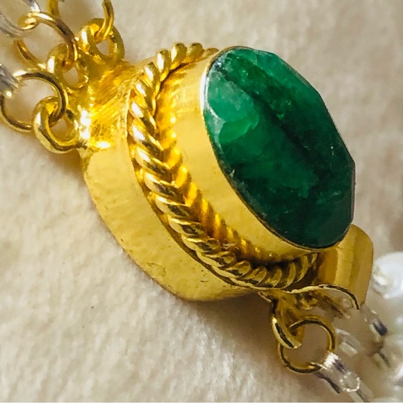 Handcrafted filigree teardrop Czech Pearl genuine emerald stone clasp necklace - Picture 10 of 11